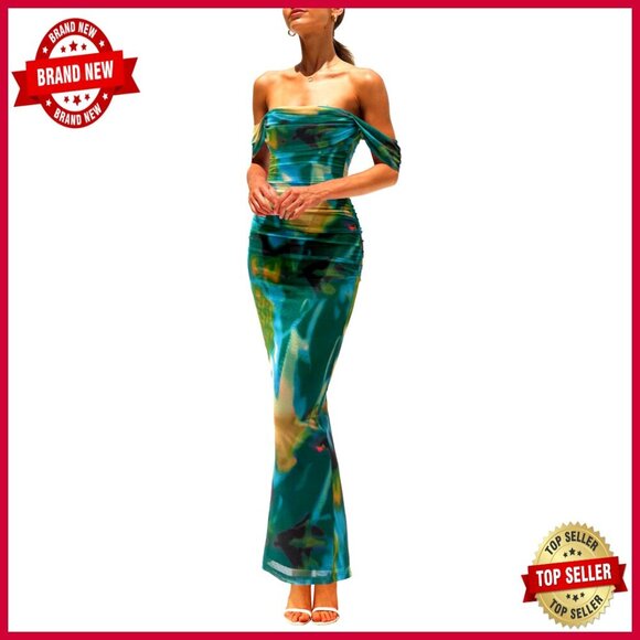 Dresses & Skirts - Floral Off Shoulder Ruched Mesh Maxi Dress Elegant Wedding Guest Cocktail